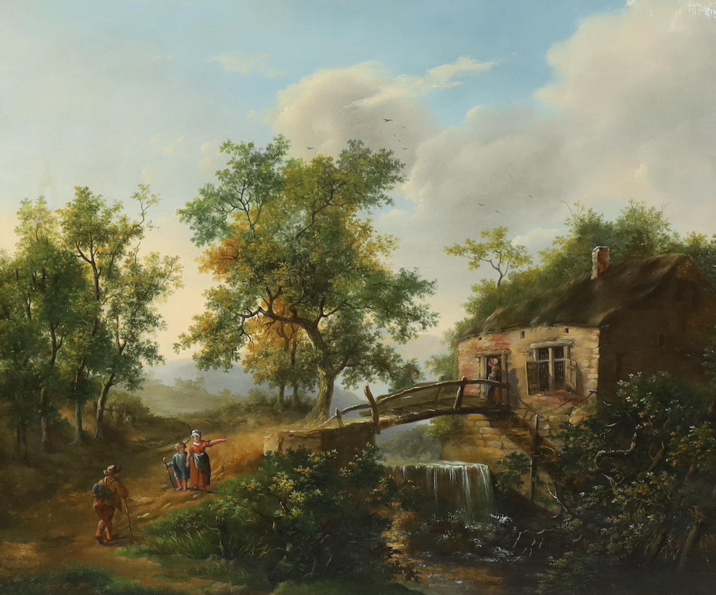 English School circa 1850, oil on panel, Landscape with mountain stream, cottage, bridge and figures on a track, 44 x 53cm